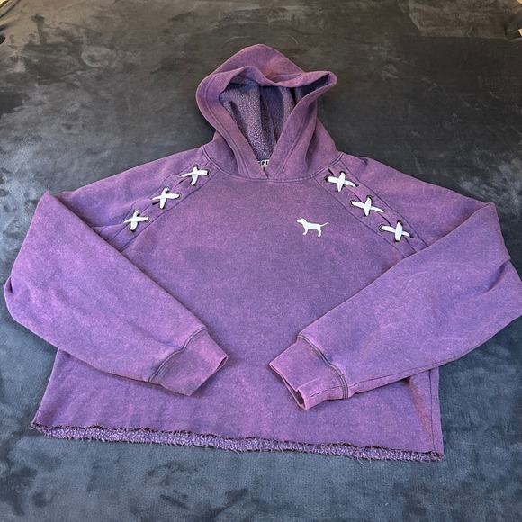 PINK Victoria's Secret Tops - Victoria Secret PINK Lace Up Hoodie Womens Small Purple Cropped Acid Wash